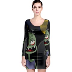 Halloween Zombie On The Cemetery Long Sleeve Bodycon Dress by Valentinaart