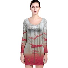 Magic Forest In Red And White Long Sleeve Velvet Bodycon Dress by wsfcow