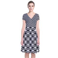 Modern Dots In Squares Mosaic Black White Short Sleeve Front Wrap Dress by EDDArt