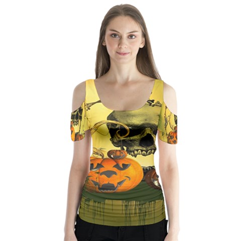 Halloween, Funny Pumpkins And Skull With Spider Butterfly Sleeve Cutout Tee  by FantasyWorld7