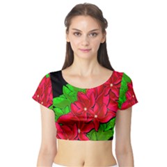 Xmas Red Flowers Short Sleeve Crop Top (tight Fit) by Valentinaart