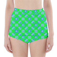 Mod Blue Circles On Bright Green High-waisted Bikini Bottoms by BrightVibesDesign