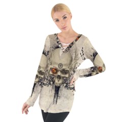 Awesome Skull With Flowers And Grunge Women s Tie Up Tee by FantasyWorld7