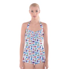 Blue Colorful Cats Silhouettes Pattern Boyleg Halter Swimsuit  by Contest580383