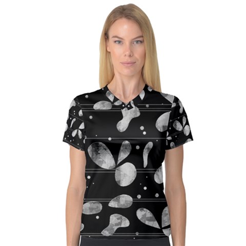Black And White Floral Abstraction Women s V-neck Sport Mesh Tee by Valentinaart