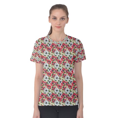 Gorgeous Red Flower Pattern  Women s Cotton Tee by Brittlevirginclothing
