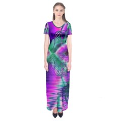  Teal Violet Crystal Palace, Abstract Cosmic Heart Short Sleeve Maxi Dress by DianeClancy