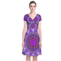 Rainbow At Dusk, Abstract Star Of Light Short Sleeve Front Wrap Dress by DianeClancy