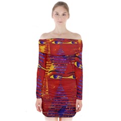 Conundrum Iii, Abstract Purple & Orange Goddess Long Sleeve Off Shoulder Dress by DianeClancy