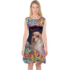 Chi Chi In Butterflies, Chihuahua Dog In Cute Hat Capsleeve Midi Dress by DianeClancy