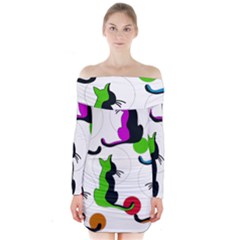 Colorful Abstract Cats Long Sleeve Off Shoulder Dress by Valentinaart