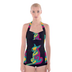 Colorful Abstract Cat  Boyleg Halter Swimsuit  by Valentinaart