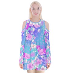 Colorful Pastel  Flowers Velvet Long Sleeve Shoulder Cutout Dress by Brittlevirginclothing