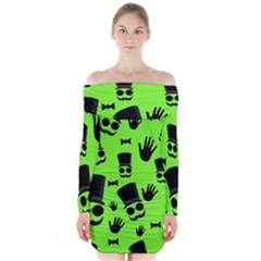 Gentleman - Green Pattern Long Sleeve Off Shoulder Dress by Valentinaart