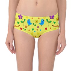 Yellow Cute Birds And Flowers Pattern Mid-waist Bikini Bottoms by Valentinaart