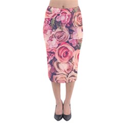 Beautiful Pink Roses  Velvet Midi Pencil Skirt by Brittlevirginclothing