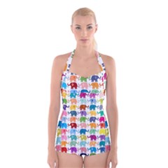 Colorful Small Elephants Boyleg Halter Swimsuit  by Brittlevirginclothing