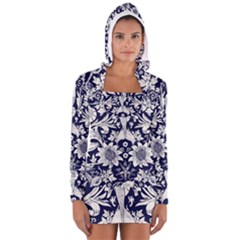 Deep Blue Flower Women s Long Sleeve Hooded T-shirt by Brittlevirginclothing