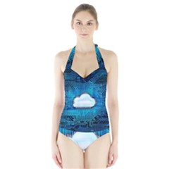 Circuit Computer Chip Cloud Security Halter Swimsuit by Amaryn4rt