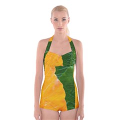 Wet Yellow And Green Leaves Abstract Pattern Boyleg Halter Swimsuit  by Amaryn4rt