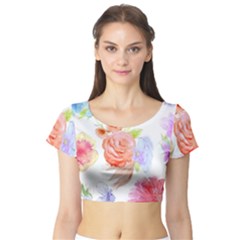 Watercolor Colorful Roses Short Sleeve Crop Top (tight Fit) by Brittlevirginclothing