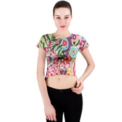 Colorful Flower Pattern Crew Neck Crop Top by Brittlevirginclothing