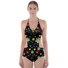 Butterflies And Flowers Pattern Cut-out One Piece Swimsuit by Valentinaart