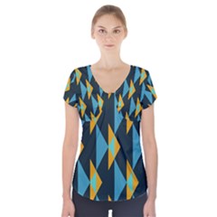 Yellow Blue Triangles Pattern                                                           Short Sleeve Front Detail Top by LalyLauraFLM