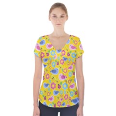 Spring Pattern - Yellow Short Sleeve Front Detail Top by Valentinaart