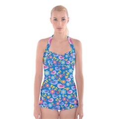 Spring Pattern - Blue Boyleg Halter Swimsuit  by Valentinaart