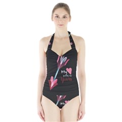 My Heart Points To Yours / Pink And Blue Cupid s Arrows (black) Halter Swimsuit by FashionFling