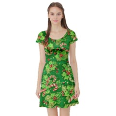 Green Holly Short Sleeve Skater Dress