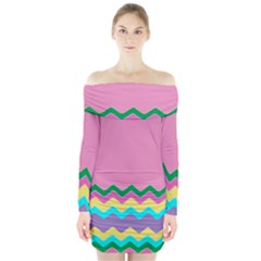Easter Chevron Pattern Stripes Long Sleeve Off Shoulder Dress by Amaryn4rt