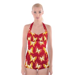 Butterfly Gold Red Yellow Animals Fly Boyleg Halter Swimsuit 