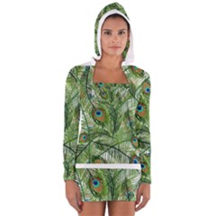 Peacock Feathers Pattern Women s Long Sleeve Hooded T-shirt by Simbadda