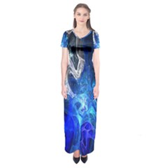 Ghost Fractal Texture Skull Ghostly White Blue Light Abstract Short Sleeve Maxi Dress by Simbadda