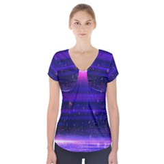 Space Planet Pink Blue Purple Short Sleeve Front Detail Top by Alisyart