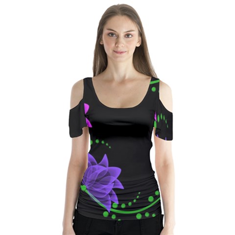 Neon Flowers Floral Rose Light Green Purple White Pink Sexy Butterfly Sleeve Cutout Tee  by Alisyart