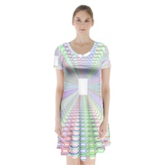 Tunnel With Bright Colors Rainbow Plaid Love Heart Triangle Short Sleeve V-neck Flare Dress by Alisyart