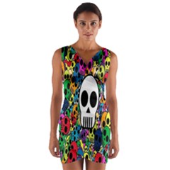 Skull Background Bright Multi Colored Wrap Front Bodycon Dress by Simbadda