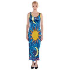Sun Moon Star Space Purple Pink Blue Yellow Wave Fitted Maxi Dress by Alisyart