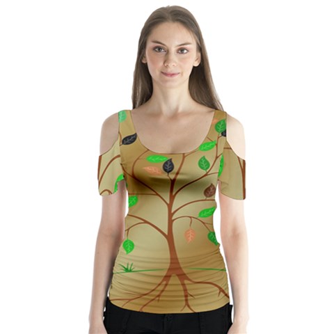Tree Root Leaves Contour Outlines Butterfly Sleeve Cutout Tee  by Simbadda