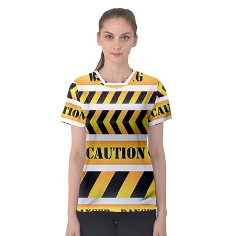 Caution Road Sign Warning Cross Danger Yellow Chevron Line Black Women s Sport Mesh Tee by Alisyart