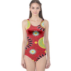 Sunflower Floral Red Yellow Black Circle One Piece Swimsuit by Alisyart