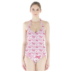 Cute Pink Flowers And Butterflies Pattern  Halter Swimsuit by TastefulDesigns