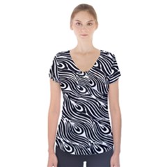 Digitally Created Peacock Feather Pattern In Black And White Short Sleeve Front Detail Top by Simbadda