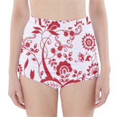 Red Vintage Floral Flowers Decorative Pattern Clipart High-waisted Bikini Bottoms by Simbadda