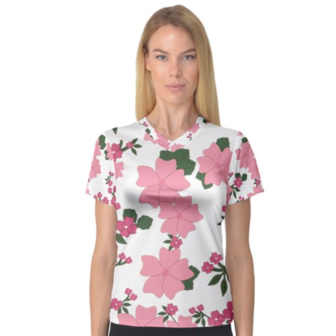 Vintage Floral Wallpaper Background In Shades Of Pink Women s V-neck Sport Mesh Tee by Simbadda