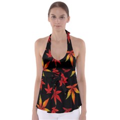 Colorful Autumn Leaves On Black Background Babydoll Tankini Top by Amaryn4rt