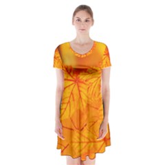Bright Yellow Autumn Leaves Short Sleeve V-neck Flare Dress by Amaryn4rt